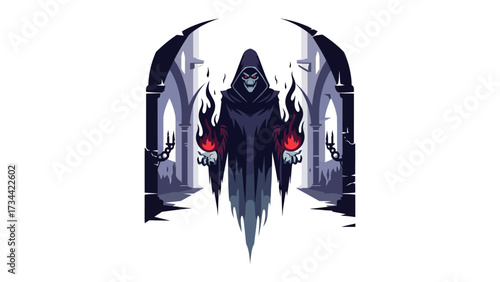 Mystical Phantom: An ominous spectral figure with flames emitting from hands, clad in a shadowy cloak, floats hauntingly, symbolizing mystery and the unknown.