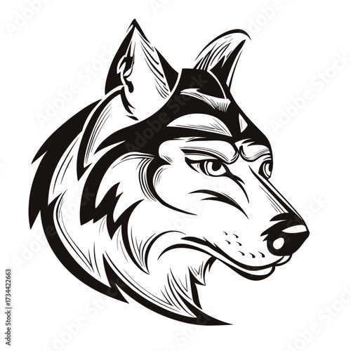 A black and white symmetrical line art tattoo design featuring a detailed wolf head with bold contrasts, pointed ears,