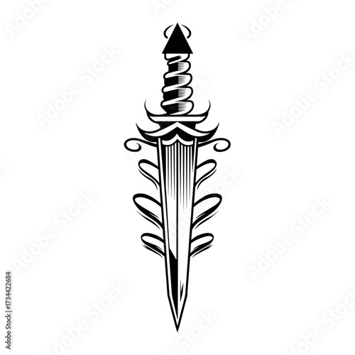 Ornate line art sword tattoo design with a monochrome aesthetic,