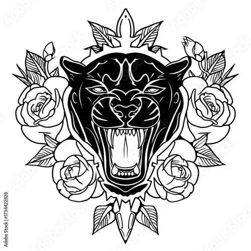 A fierce black panther tattoo design with sharp teeth surrounded by delicate Rosa Canina flowers in symmetrical tribal s