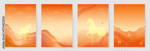 Chinese New year poster design vector set. Modern new year card with mountain, horse, firework, pattern, cloud. Illustration for flyer, brochure, social media, banner, envelope, ads.