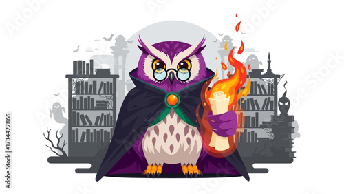 Wise Owl with a Mystical Flame: An illustration of an owl figure, spectacles and a cloak, holding a mystical flame, standing amidst gothic library with bookshelves and spooky elements.