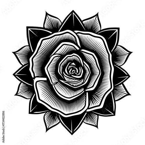 A detailed high contrast black and white vector illustration of a single rose with intricate line work and symmetrical d