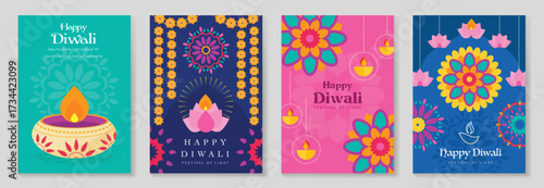 Happy Diwali light festival poster vector set. Diwali festival wallpaper design with colorful lantern, floating lights, firework. Culture Illustration design for celebration, greeting, card, ads.