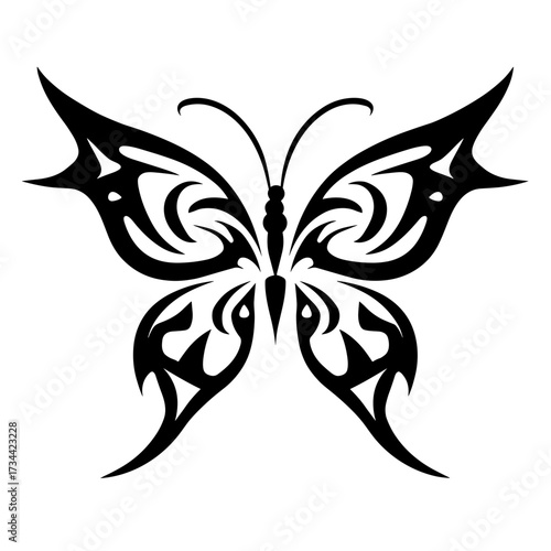A stylized branch design forming a butterfly shape with black geometric patterns and curves,