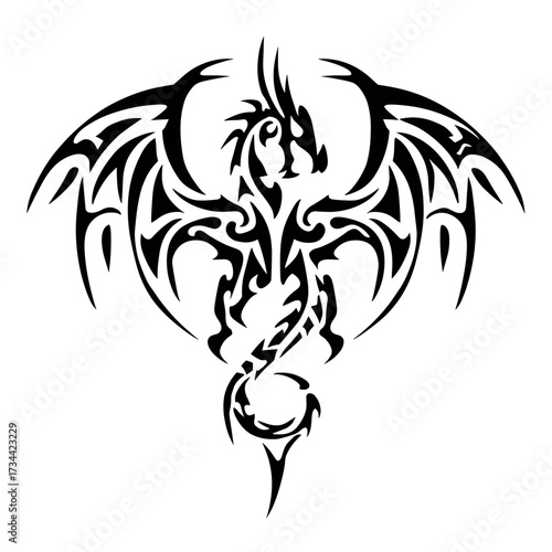 A tribal-style black and white dragon vector illustration with intricate detailing, bold lines, and a vintage aesthetic,