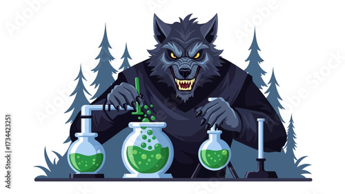 Mysterious Concoction: A stylized illustration captures the enigmatic presence of a monstrous creature intently immersed in crafting a vivid green potion, the essence of eerie charm. 