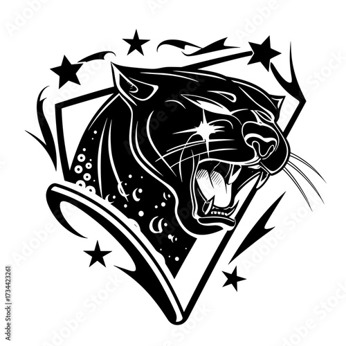 A fierce black panther with sharp teeth is surrounded by stars and geometric elements like lightning bolts in this bold 