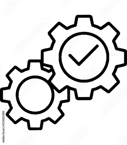 Outline icon of two interlocking gears with check mark inside larger gear,  approval, process, operation success, or system completion.