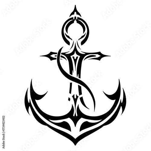 A bold black anchor with tribal style, featuring clear lines and a modern design, symbolizing stability and security,