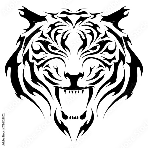 A bold tribal tiger vector illustration with intricate black and white patterns, emphasizing symmetry and sharp lines,