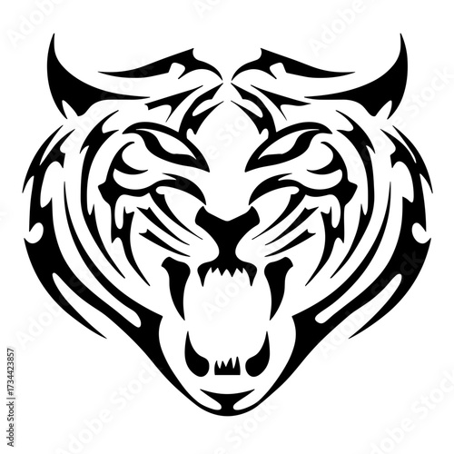 A striking tribal tiger design featuring bold black and white ink art with detailed outlines,