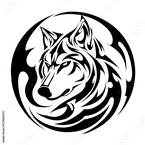 A black and white monochromatic tattoo design featuring a stylized wolf head with tribal art elements, bold lines,