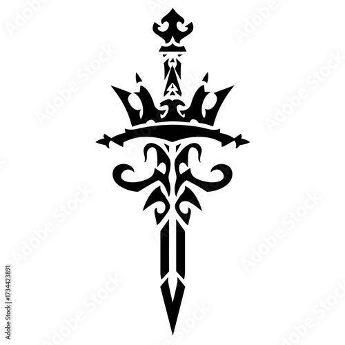 A black and white tattoo design showcasing a highly stylized symmetrical sword with intricate tribal patterns,