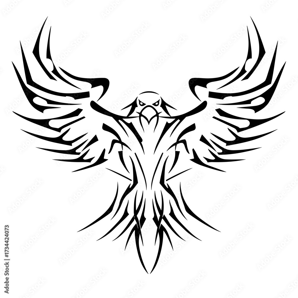 Obraz premium Tribal eagle feathers tattoo design featuring bold symmetrical geometric patterns in monochrome line art style,