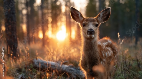 A curious deer stands gracefully in a sunlit forest, framed by the warm glow of sunset, creating a serene and tranquil moment that captures the beauty of nature.