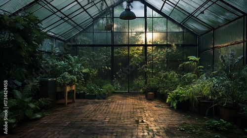 Sunlit Greenhouse, Lush Plants, Brick Floor, Abandoned