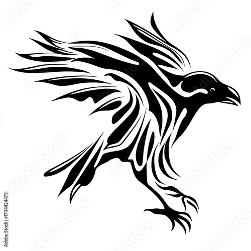 A monochrome tribal raven tattoo design featuring intricate patterns and bold outlines,