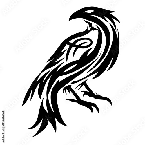 Intricate black and white line art illustration of a mythical bird with elongated feathers, infinity symbol mandible,