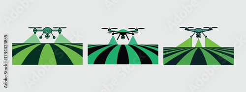 Three drones flying over green and dark green striped fields agriculture technology