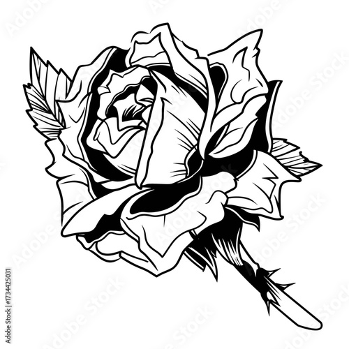 Detailed black and white line art illustration of a rose with intricate petals, fine linework, jagged edges,