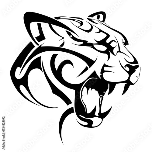 A bold black and white tribal tiger head vector illustration with intricate ornamental patterns, sharp lines,