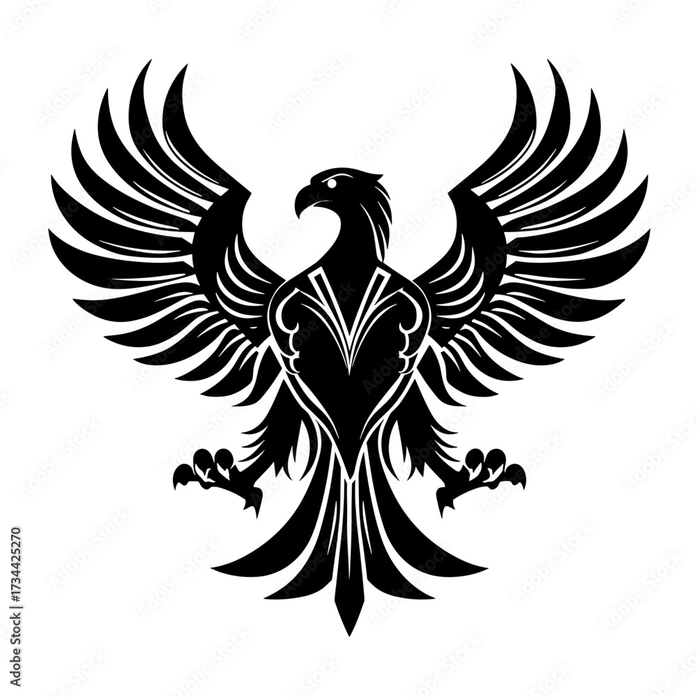 Obraz premium A black and white tribal-style eagle vector illustration with symmetrical wings spread wide,