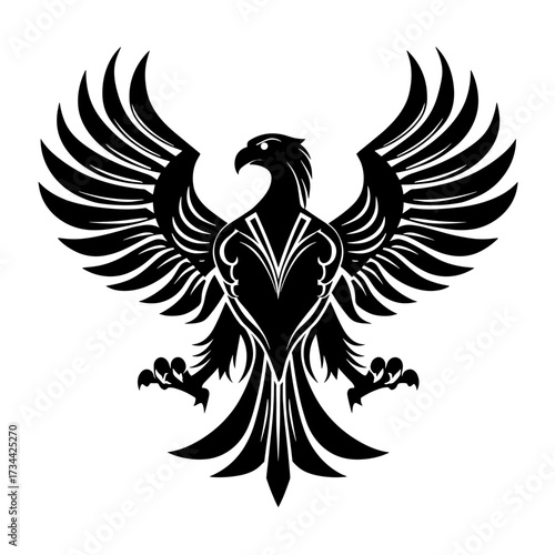A black and white tribal-style eagle vector illustration with symmetrical wings spread wide,