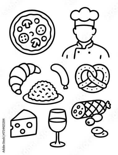 European Cuisine Icons with Chef and Wine