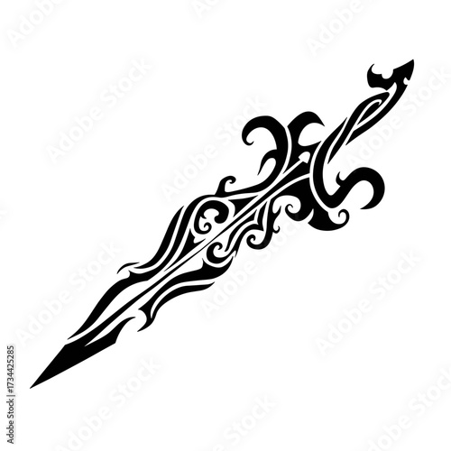 A black tribal-style spear arrow vector illustration with intricate swirling motifs, symmetrical sharp tips,