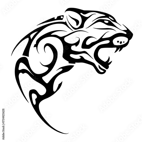 A fierce black and white tribal style vector illustration of a panther with sharp teeth, intricate geometric patterns,