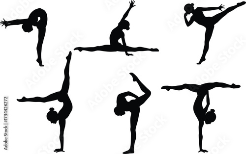 Gymnast silhouette poses, flexibility, balance, strength, dance movement, black vector art, athletic woman, splits, handstand, backbend, graceful performance, illustration