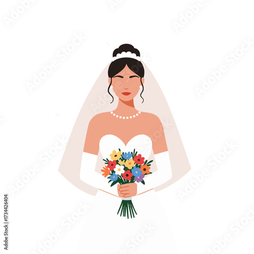 Beautiful Bride with Veil and Colorful Bouquet Flat Vector