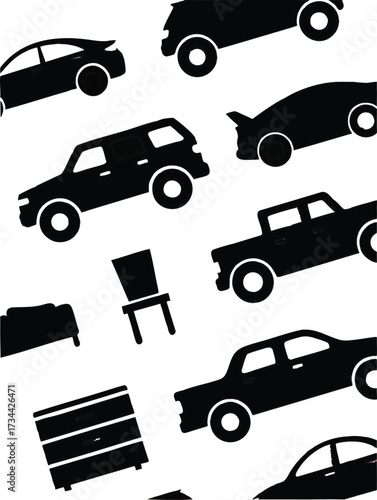 Wallpaper Mural Assortment of black silhouette vehicles and furniture Torontodigital.ca