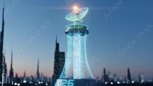 Futuristic Tower with Satellite Dish and Digital Display in City.