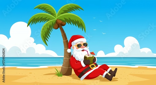 Holiday relaxation illustration santa claus on a tropical beach