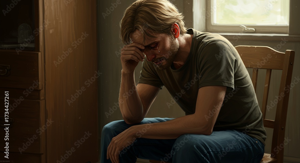 Obraz premium Person seated indoors with head in hands expressing sadness and emotional distress