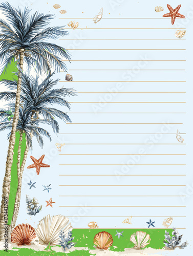 Tropical beach stationery design with palm trees and seashells lined paper for summer notes vector illustration