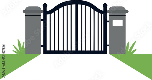 Elegant wrought iron arch gate entrance with stone pillars and grassy pathway vector