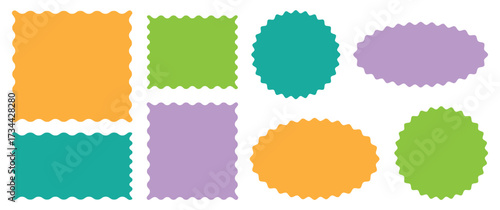 Zig zag edge rectangle shape, colorful collection. Different shapes and sizes frame with zigzag edge.  Rectangular, round, circle, oval and square scalloped frame.