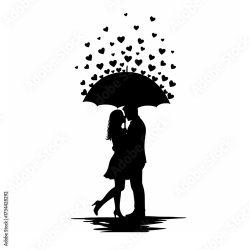 Sweet Love Silhouette: Couple Kissing under Umbrella with Hearts Rain