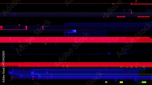 Abstract digital glitch tv noise art with red and blue lines on a black background