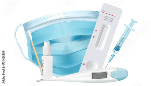 Medical kit for diagnosis and prevention of COVID-19, flu, and infectious diseases. Rapid test, syringe, mask, thermometer, saliva collection swab. Vector. Web design template