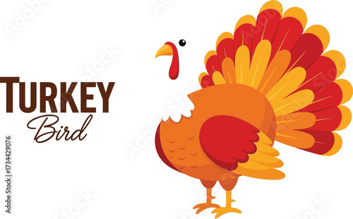 Whimsical cartoon turkey with vibrant fanned tail feathers, perfect for holiday greetings.