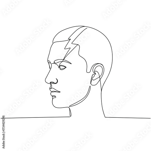 Line drawing of a head with lightning bolt striking the top  