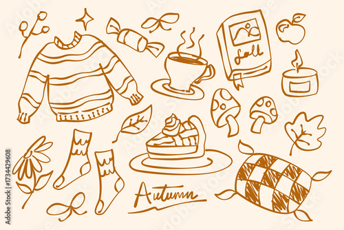 Set of hand drawn autumn objects. Autumn seasonal items illustration in vector. Autumn cozy items. Sweater, autumn leaf, pumpkin pie, tea, book, socks, pillow etc.