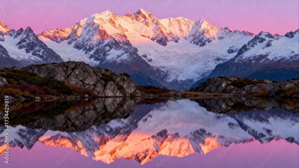 Obraz premium Snowy mountains reflected in lake at sunset
