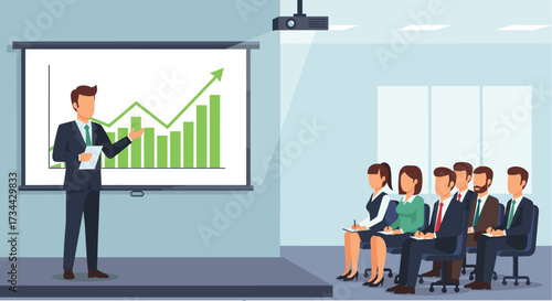 Business Presentation with Growth Chart, Meeting and Corporate Training Vector Illustration
