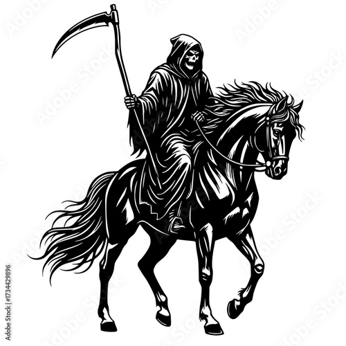 Grim Reaper Riding Horse with Scythe Death Rider Silhouette, grim reaper, death, horse, scythe, horror