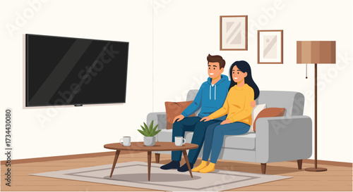 Happy Couple Watching TV Together at Home, Vector Illustration
